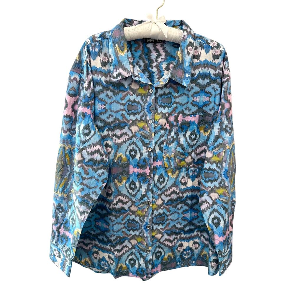 APNY Blue Ikat Print Button Front Cotton Blouse Boho Lightweight Shirt NWT | XXL